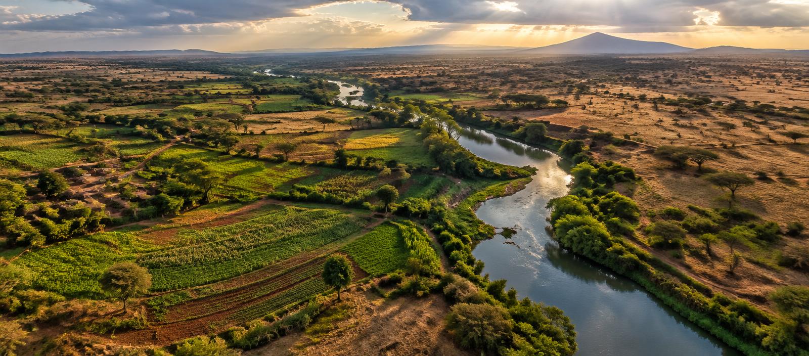 Aerial view of farmland and a river in rural Kenya